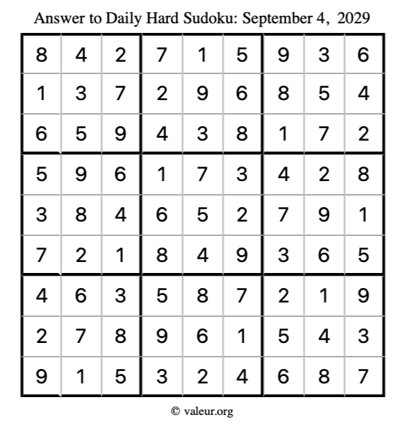 Answer to hard sudoku September 4, 2029