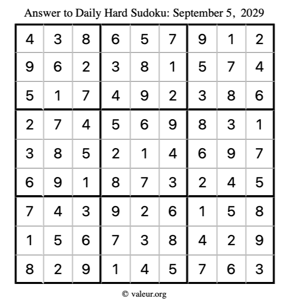 Answer to hard sudoku September 5, 2029