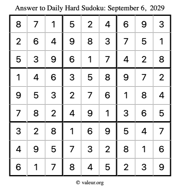 Answer to hard sudoku September 6, 2029