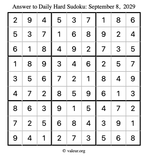 Answer to hard sudoku September 8, 2029