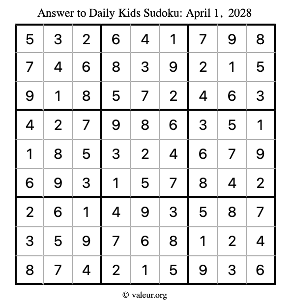 Answer to kids sudoku April 1, 2028