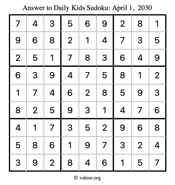 Answer to kids sudoku April 1, 2030