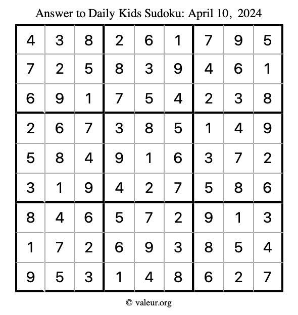 Answer to kids sudoku April 10, 2024