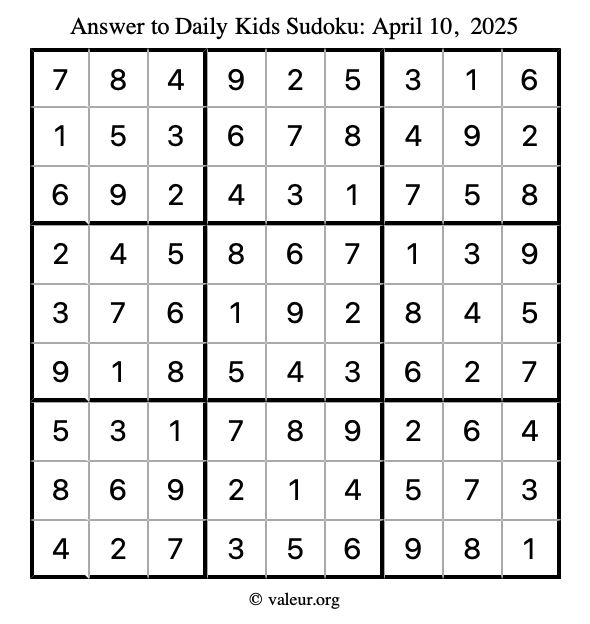 Answer to kids sudoku April 10, 2025