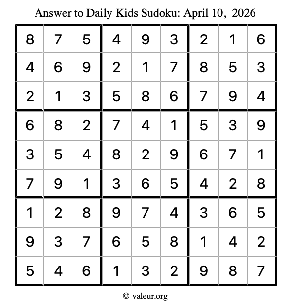 Answer to kids sudoku April 10, 2026