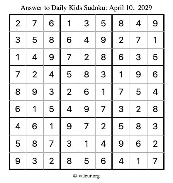 Answer to kids sudoku April 10, 2029