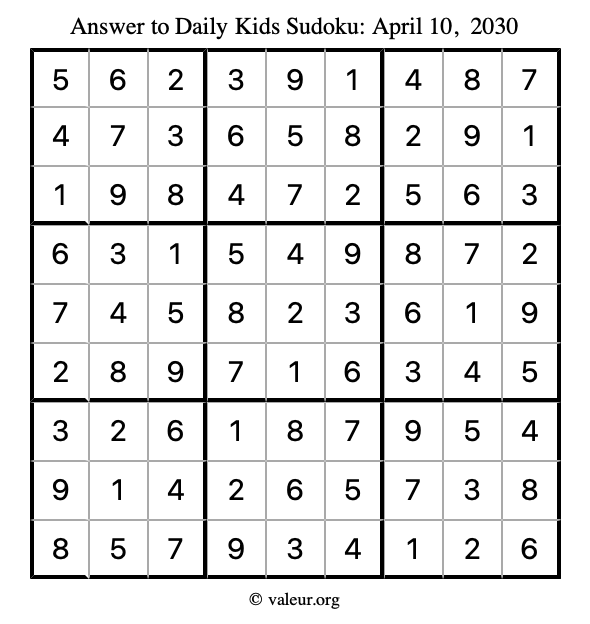 Answer to kids sudoku April 10, 2030