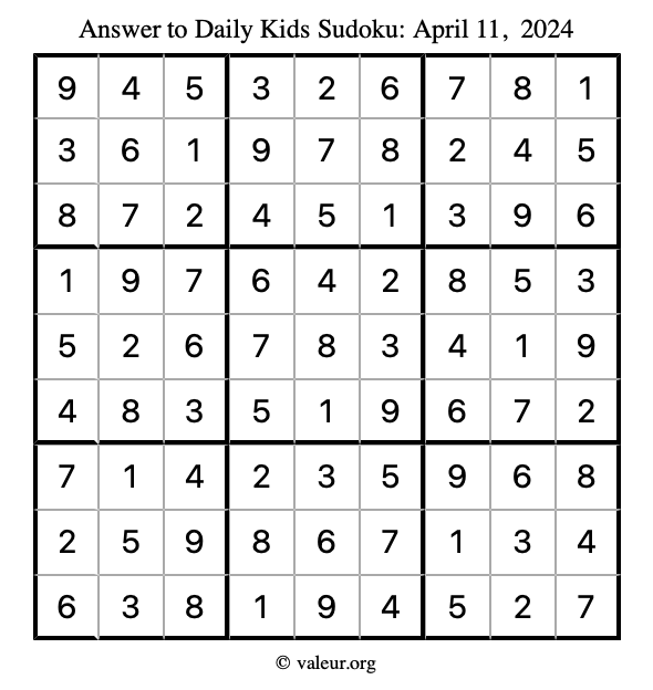 Answer to kids sudoku April 11, 2024