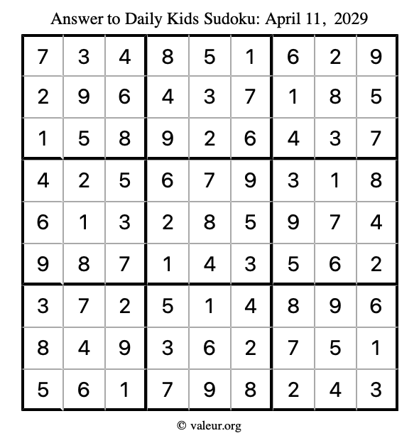 Answer to kids sudoku April 11, 2029