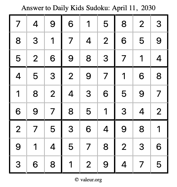 Answer to kids sudoku April 11, 2030