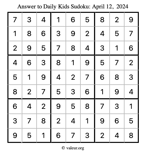 Answer to kids sudoku April 12, 2024