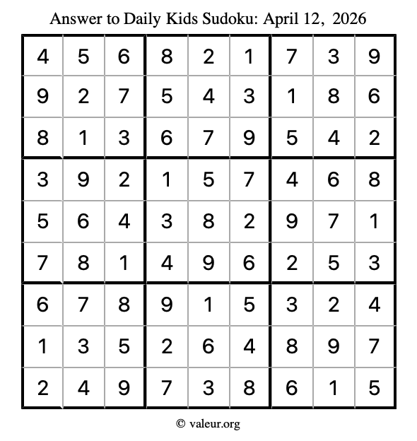 Answer to kids sudoku April 12, 2026