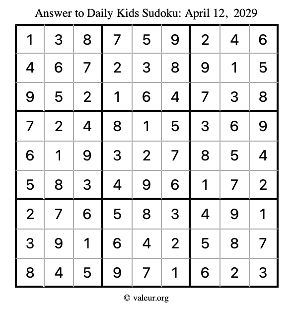 Answer to kids sudoku April 12, 2029