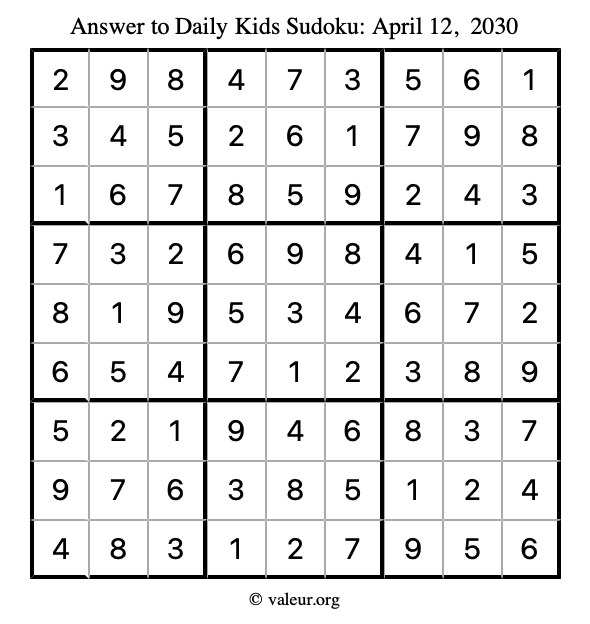 Answer to kids sudoku April 12, 2030