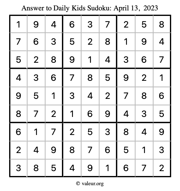 Answer to kids sudoku April 13, 2023