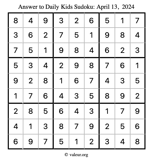 Answer to kids sudoku April 13, 2024