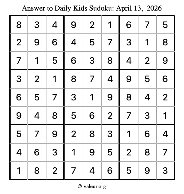 Answer to kids sudoku April 13, 2026