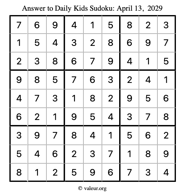 Answer to kids sudoku April 13, 2029