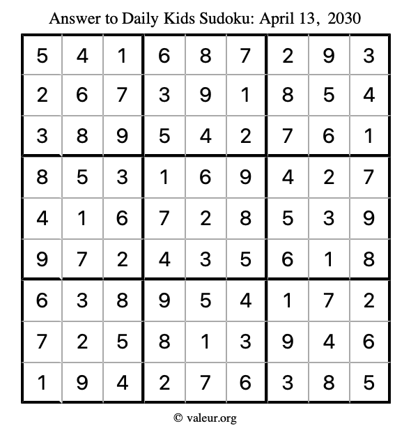 Answer to kids sudoku April 13, 2030