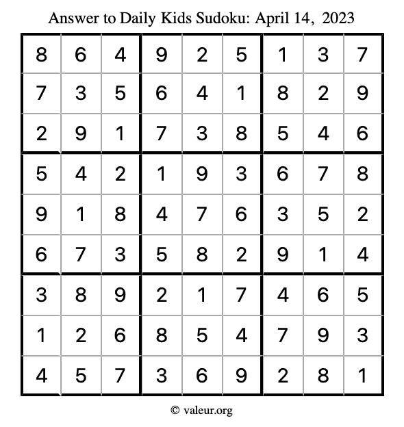 Answer to kids sudoku April 14, 2023