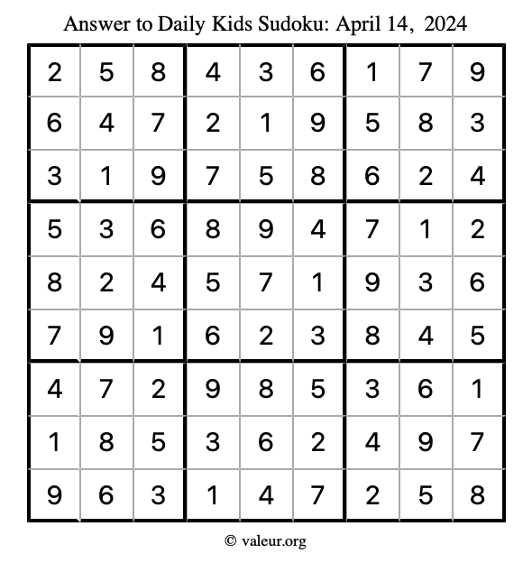 Answer to kids sudoku April 14, 2024