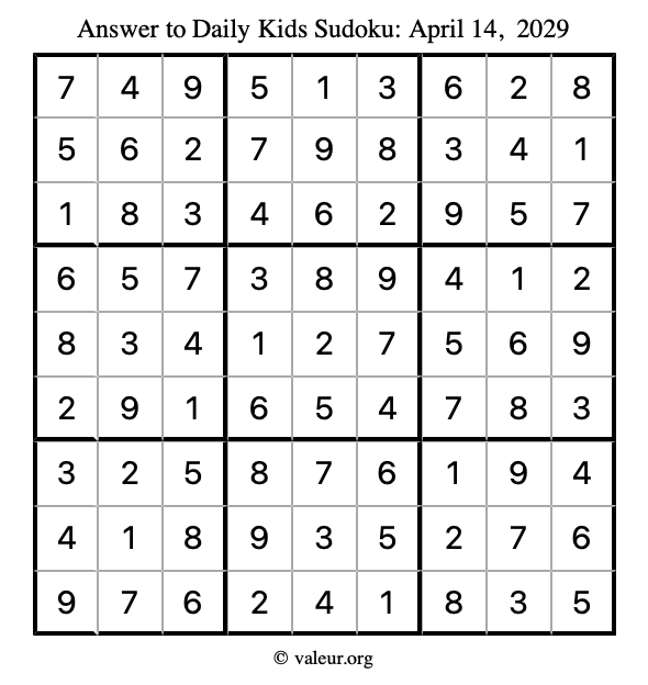 Answer to kids sudoku April 14, 2029