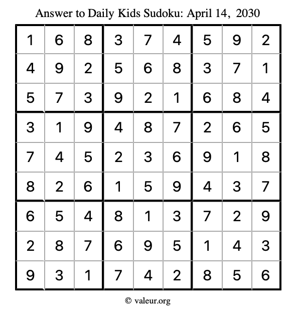 Answer to kids sudoku April 14, 2030