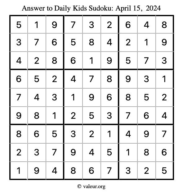 Answer to kids sudoku April 15, 2024