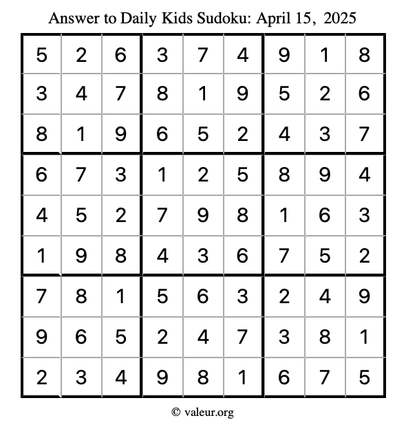 Answer to kids sudoku April 15, 2025
