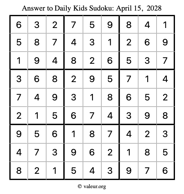 Answer to kids sudoku April 15, 2028
