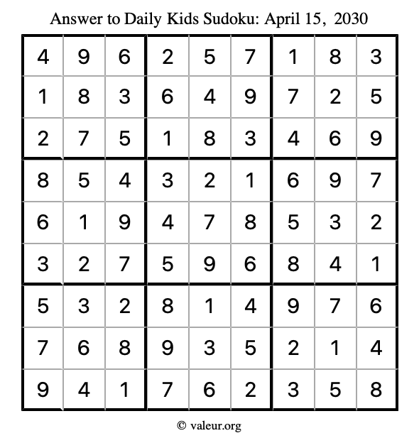 Answer to kids sudoku April 15, 2030