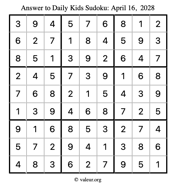 Answer to kids sudoku April 16, 2028