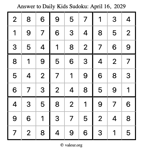 Answer to kids sudoku April 16, 2029
