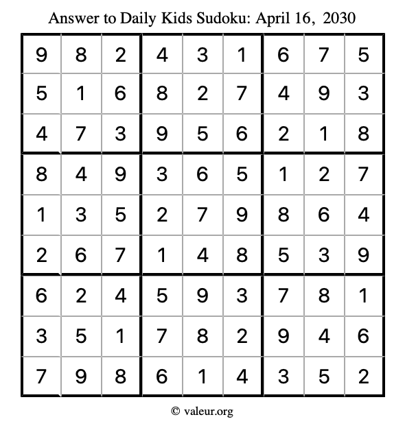Answer to kids sudoku April 16, 2030