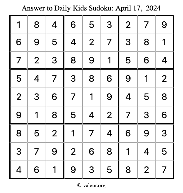Answer to kids sudoku April 17, 2024