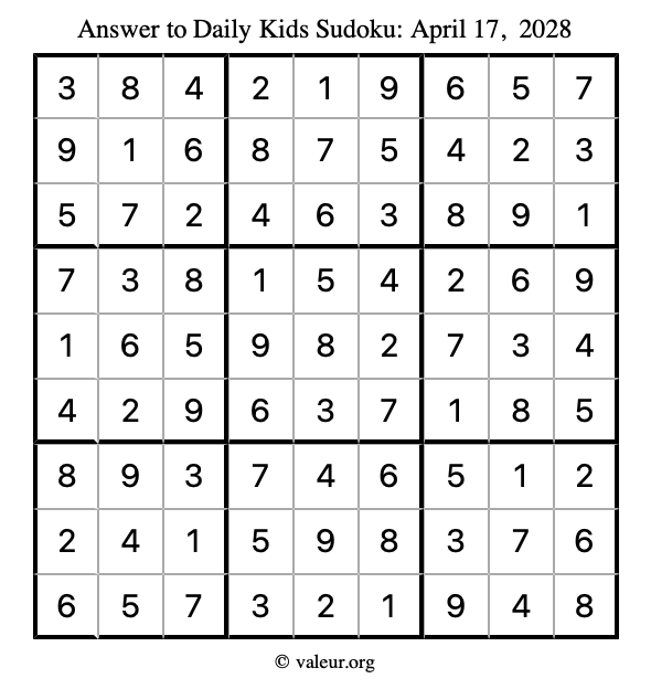 Answer to kids sudoku April 17, 2028