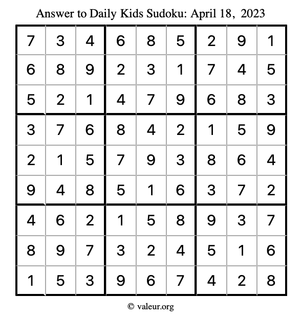 Answer to kids sudoku April 18, 2023