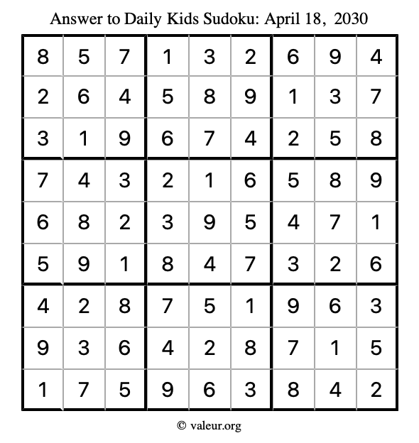 Answer to kids sudoku April 18, 2030