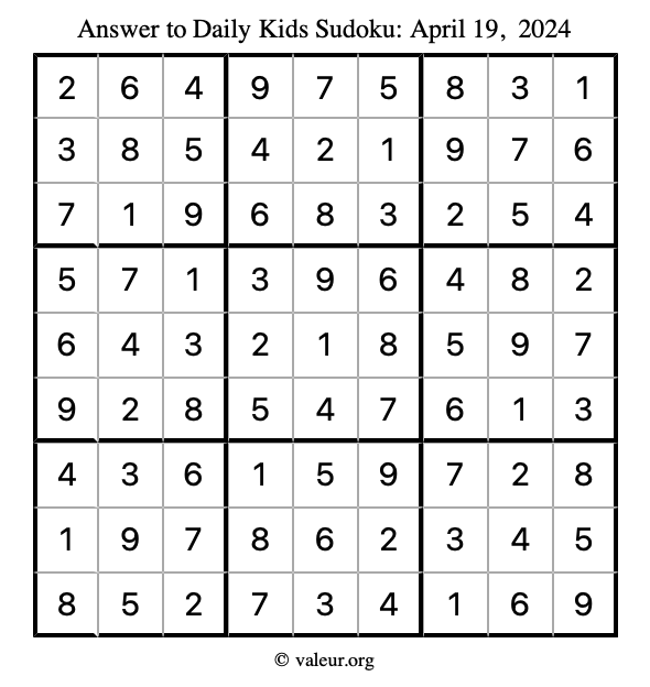 Answer to kids sudoku April 19, 2024