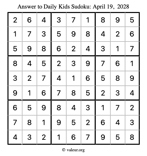 Answer to kids sudoku April 19, 2028