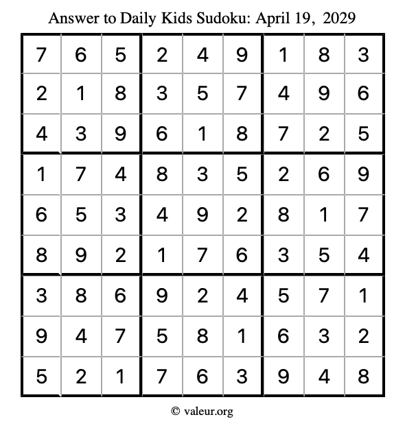 Answer to kids sudoku April 19, 2029