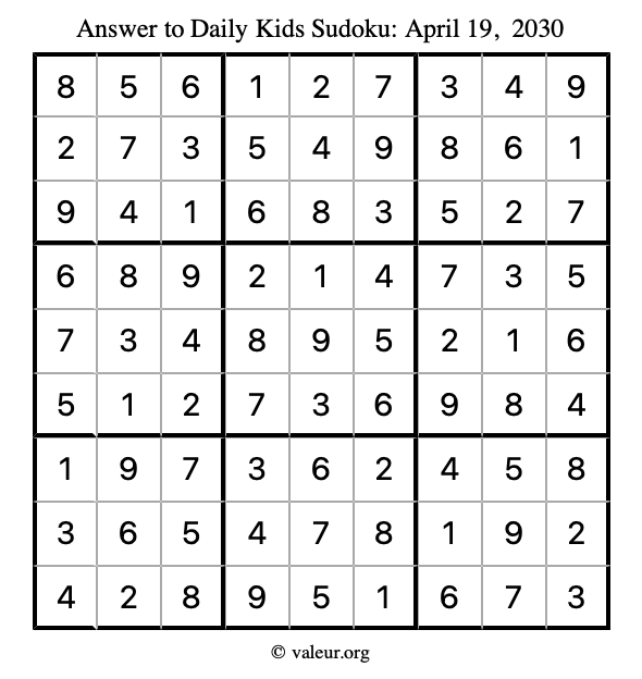 Answer to kids sudoku April 19, 2030