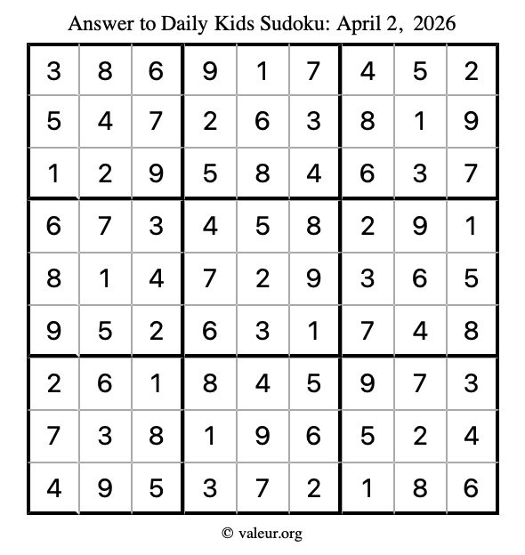 Answer to kids sudoku April 2, 2026