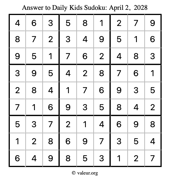 Answer to kids sudoku April 2, 2028