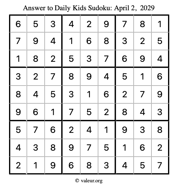 Answer to kids sudoku April 2, 2029