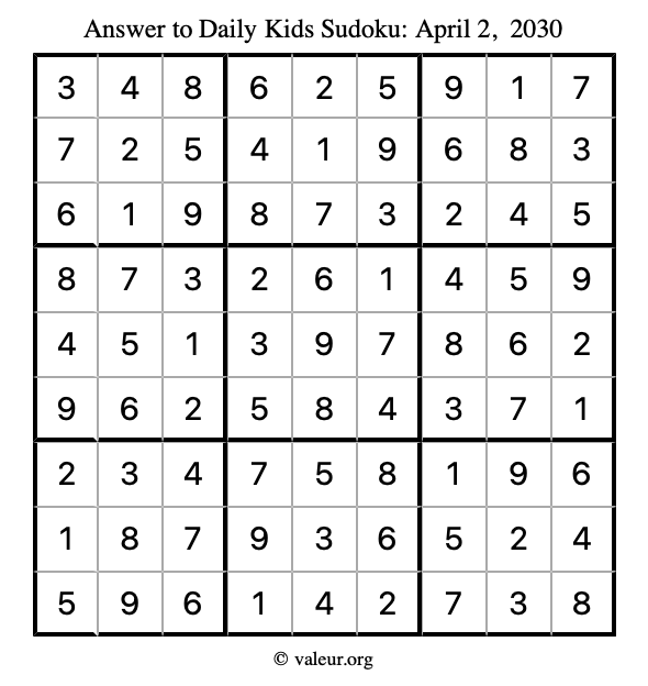 Answer to kids sudoku April 2, 2030