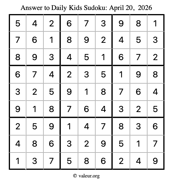 Answer to kids sudoku April 20, 2026