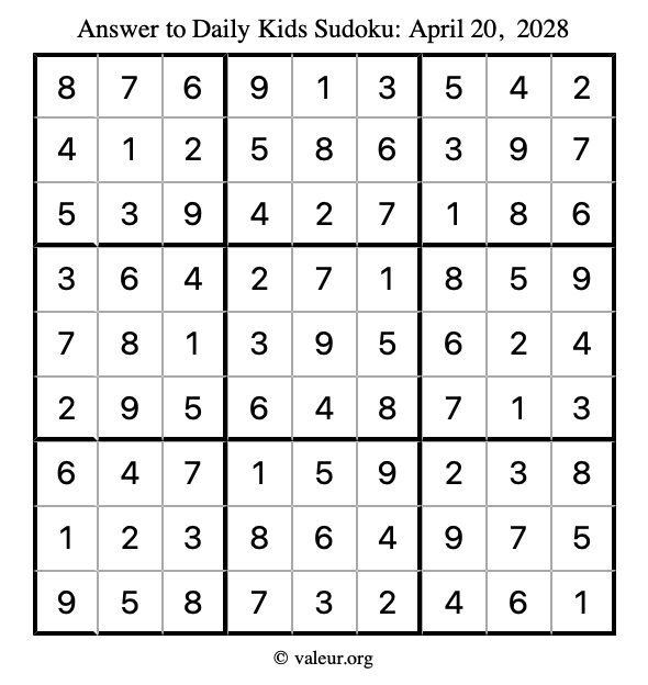 Answer to kids sudoku April 20, 2028