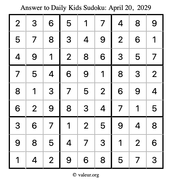Answer to kids sudoku April 20, 2029