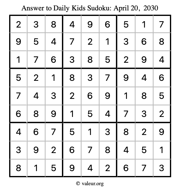 Answer to kids sudoku April 20, 2030